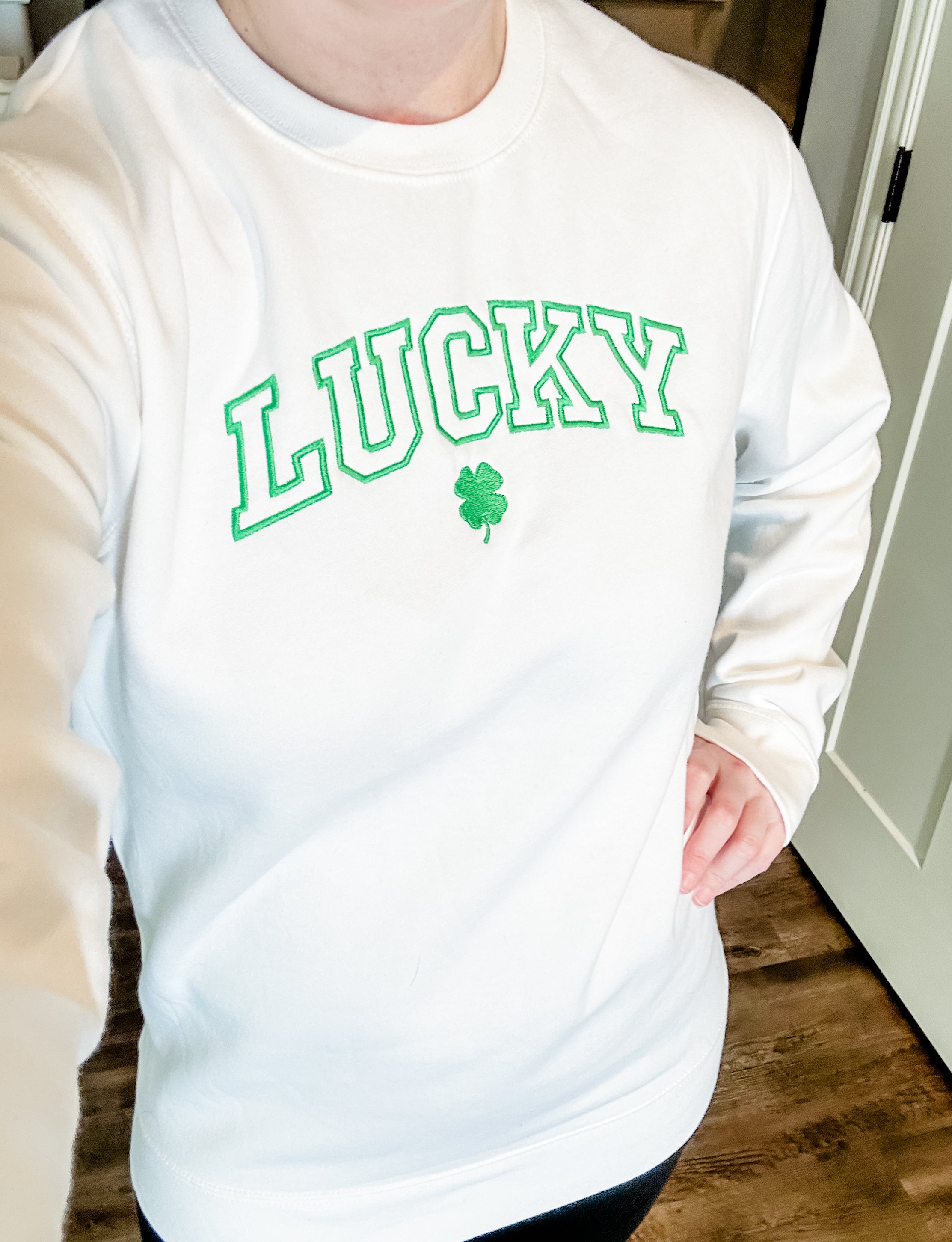 St. Patrick's Day Sweatshirt - Embroidered Lucky with Clover