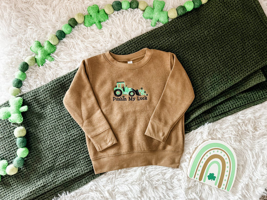 St. Patrick's Day - Embroidered Toddler Sweatshirt - Pushin My Luck Tractor