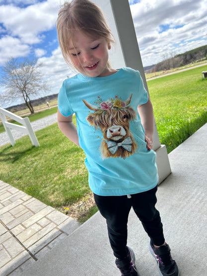 Highlander Cow w/ Floral Crown + Bow Tie -Short Sleeve Youth GIRLS